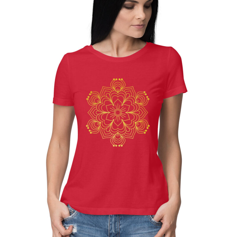Gold Foil Indian Rangoli Circle Design T-Shirt – Women’s Half Sleeve Round Neck - Image 7