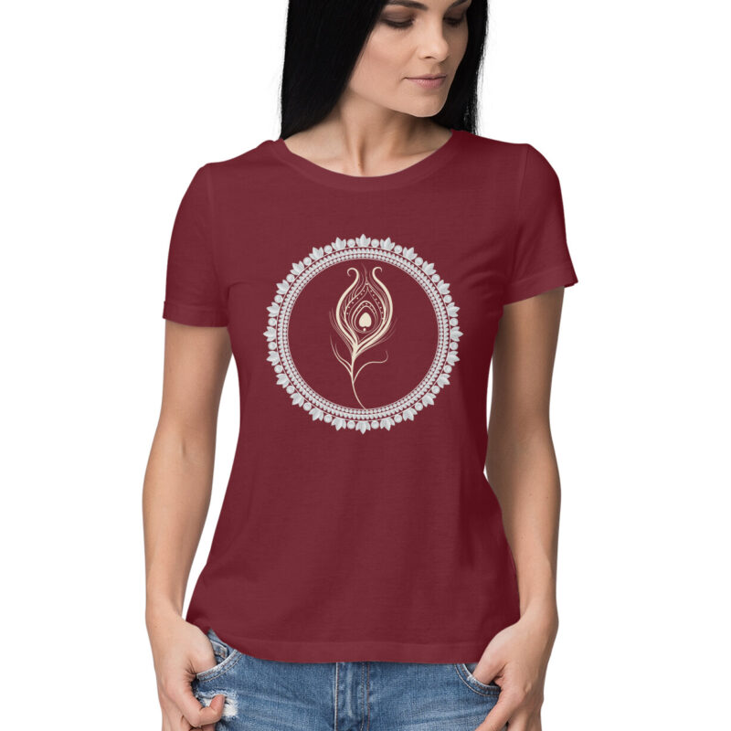 Peacock Feather Illustration T-Shirt – Women’s Half Sleeve Round Neck - Image 6
