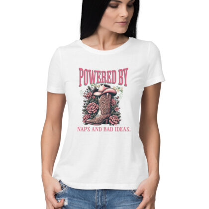 Powered by naps and bad ideas. – Women's Half Sleeve Round Neck T-Shirt