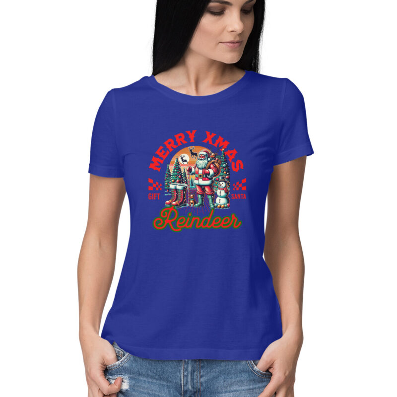 Merry Xmas Reindeer - Women’s Half Sleeve Round Neck T-shirt | Christmas Cheer - Image 3