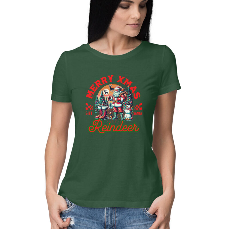 Merry Xmas Reindeer - Women’s Half Sleeve Round Neck T-shirt | Christmas Cheer - Image 4