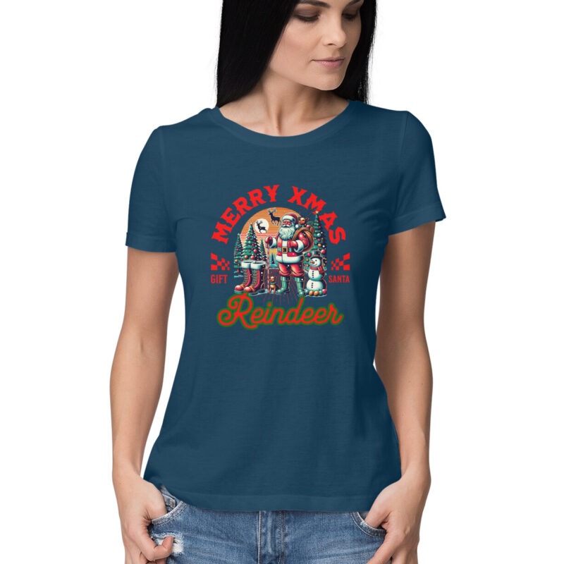 Merry Xmas Reindeer - Women’s Half Sleeve Round Neck T-shirt | Christmas Cheer - Image 5