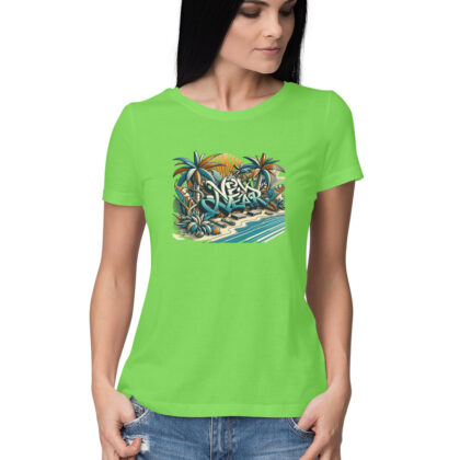 New Year Beach Vintage Graffiti Art – Women’s Half Sleeve Round Neck T-Shirt | Celebrate in Style