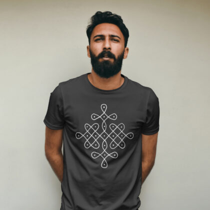 Tradition in Every Stroke Men’s Half Sleeve T-Shirt featuring vibrant rangoli art for Pongal and Makarsankranti celebration.