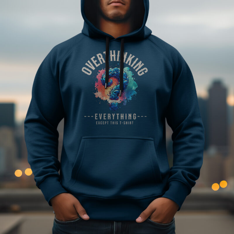 Men's Navy Blue 'Overthinking Everything, Except This T-Shirt' premium hoodie urban winter outfit